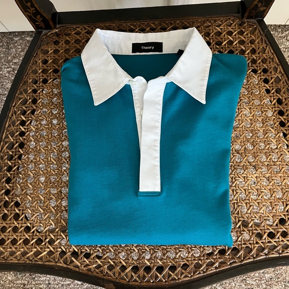 Theory Men’s Rugby Polo-Rope Collared Cotton Short Sleeve Jersey Turquoise Sz Sm - Picture 1 of 4